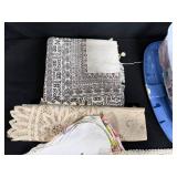 Large Collection of Vintage Embroidered and Lace Linens in Storage Tote