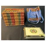 Collection of 3 Handbags and Storage Items - Autographed Don Diego Cigar Box, Woven Basket, Vera Bradley Quilted Purse