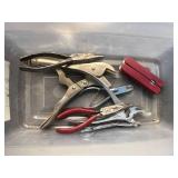 Box of Assorted Hand Tools including Pliers, Cutters, and Multi-Tool