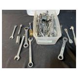Collection of Mixed Wrenches, Ratchets, and Sockets with Storage Bin