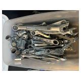 Collection of Mixed Wrenches, Ratchets, and Sockets with Storage Bin