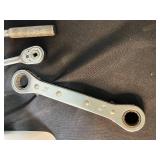 Collection of Mixed Wrenches, Ratchets, and Sockets with Storage Bin