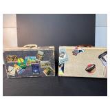 Pair of Vintage Suitcases with Travel Stickers and Velvet Lining