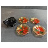 Set of 4 Vintage Floral Glass Coasters with Black Ashtray