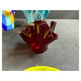 Set of 4 Handcrafted Ruffled Glass Bowls and 2 Green Glass Serving Spoons