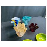 Set of 4 Handcrafted Ruffled Glass Bowls and 2 Green Glass Serving Spoons