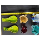 Set of 4 Handcrafted Ruffled Glass Bowls and 2 Green Glass Serving Spoons