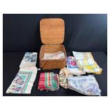 Vintage Woven Picnic Basket with Assorted Retro Table Linens