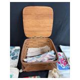 Vintage Woven Picnic Basket with Assorted Retro Table Linens