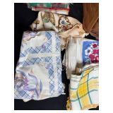 Vintage Woven Picnic Basket with Assorted Retro Table Linens