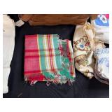 Vintage Woven Picnic Basket with Assorted Retro Table Linens