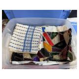 Assorted Vintage Linens and Fabric Pieces in Storage Tote