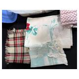 Assorted Vintage Linens and Fabric Pieces in Storage Tote