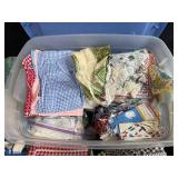 Vintage Gingham Aprons, Handkerchiefs, and Button Lot in Storage Tote