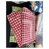 Vintage Gingham Aprons, Handkerchiefs, and Button Lot in Storage Tote