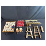 Lot of Native American and Folk Art Miniatures with Beaded Boots, Ladders, and Textiles