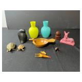 Collection of Vintage Mini Animal Figurines, Glass Vases, and Decorative Items Inc Van Briggle Colorado Springs Pottery