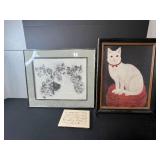 Lot of Cat Themed Artwork & Puzzle - Inc White Cat Oil from Shelburne Vermont Museum and Lmt Ed Cat Collage Signed Print