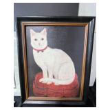 Lot of Cat Themed Artwork & Puzzle - Inc White Cat Oil from Shelburne Vermont Museum and Lmt Ed Cat Collage Signed Print