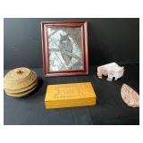 Decorative Lot: Framed Owl Art, Carved Wood Box, Stone Bison & Arrow Figures, Woven Basket with Lid