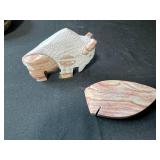 Decorative Lot: Framed Owl Art, Carved Wood Box, Stone Bison & Arrow Figures, Woven Basket with Lid