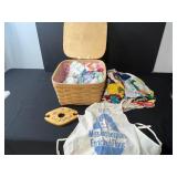 Vintage Handkerchief and Linen Collection with Basket, Flour Sack Apron, and Wooden Wine Holder