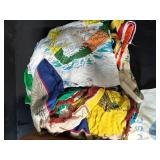 Vintage Handkerchief and Linen Collection with Basket, Flour Sack Apron, and Wooden Wine Holder