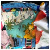 Vintage Handkerchief and Linen Collection with Basket, Flour Sack Apron, and Wooden Wine Holder