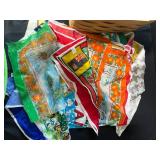 Vintage Handkerchief and Linen Collection with Basket, Flour Sack Apron, and Wooden Wine Holder