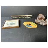 Home Decor Collection with Signed & Numbered Framed Art, Carved Angel, Hand-Painted Wood Piece, and Sign