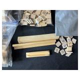 Large Mixed Lot of Wooden Game Pieces, Letters, Tokens, and Craft Supplies