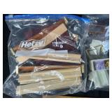 Craft Supplies Lot with Wood Pieces, Fabric, Beads, and Accessories in Storage Bin