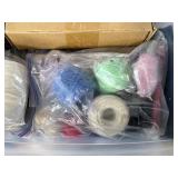 Craft Supplies Lot with Wood Pieces, Fabric, Beads, and Accessories in Storage Bin