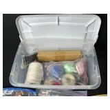 Craft Supplies Lot with Wood Pieces, Fabric, Beads, and Accessories in Storage Bin