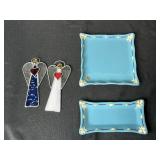 Set of 2 Stained Glass Angel Ornaments and 2 Blue Decorative Trays