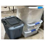 Set of 3 Clear Sterilite Storage Totes and 1 Blue Rubbermaid Tote
