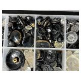 Collection of Vintage Glass and Black Buttons in Organizer Case