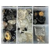Collection of Vintage Glass and Black Buttons in Organizer Case