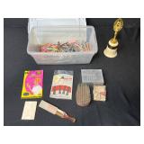 Vintage Hair Styling Accessory Collection with Curlers, Nets, Bobby Pins, and Trophy