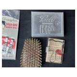 Vintage Hair Styling Accessory Collection with Curlers, Nets, Bobby Pins, and Trophy