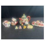VTG Fitz & Floyd 1992 Quilt Collection Ceramic Holiday Coffee/Tea Set w Sugar, Creamer, Salt, Pepper and Tray & Lot of Mini Figurines