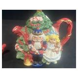 VTG Fitz & Floyd 1992 Quilt Collection Ceramic Holiday Coffee/Tea Set w Sugar, Creamer, Salt, Pepper and Tray & Lot of Mini Figurines