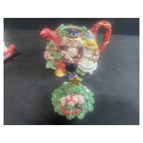 VTG Fitz & Floyd 1992 Quilt Collection Ceramic Holiday Coffee/Tea Set w Sugar, Creamer, Salt, Pepper and Tray & Lot of Mini Figurines