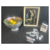 VTG Framed Nude Art, Decorative Fruit Bowl, and Wind Chimes