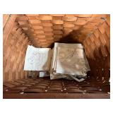 Vintage Woven Picnic Basket with Embroidered Tea Towels and Linens