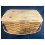 Vintage Woven Picnic Basket with Embroidered Tea Towels and Linens