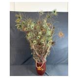 Large Arrangement of Peacock Feathers in Vintage Leather Fire Bucket Vase