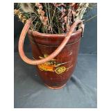 Large Arrangement of Peacock Feathers in Vintage Leather Fire Bucket Vase