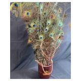 Large Arrangement of Peacock Feathers in Vintage Leather Fire Bucket Vase