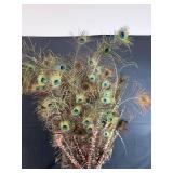 Large Arrangement of Peacock Feathers in Vintage Leather Fire Bucket Vase